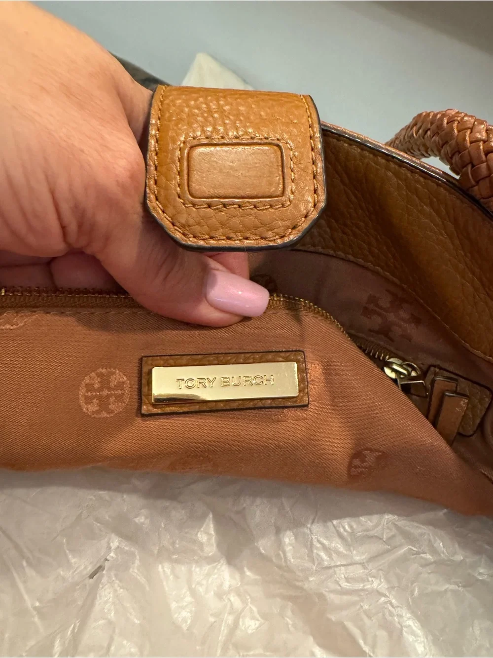 Tory Burch Taylor Leather Tote with Tassel, Cognac - Picture 4 of 13